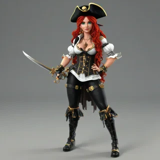Create a high-quality 3D character model inspired by a stylized red-haired pirate gunslinger. The character has long, wavy bright-red hair, emerald-green eyes, and a confident, bold facial expression. She wears a black-and-white corset with gold trim, pirate-style high boots, and a large decorated captain hat. Equip the character with two ornate flintlock pistols, one in each hand, designed with gold engravings and fantasy-style detailing. Use heroic proportions, smooth skin shading, realistic cloth folds, polished metal materials, and a fantasy-game visual style. Pose her in a dynamic dual-wield gunslinger stance. Produce a clean, animation-ready mesh with PBR textures (albedo, normal, roughness, metallic), on a plain white background, even lighting