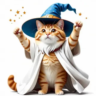 A cartoon cat named Jerry wearing a long and flowy white cape. Jerry is also wearing a blue wizard hat with tiny golden stars on it. Jerry is and orange tabby cat. He also has a long white beard. He is striking a dramatic pose, reaching his paws above his head in order to summon some really cool magic.
