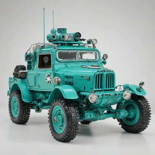 Teal dieselpunk rover, pop art style, full-body view, on white background