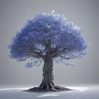 A majestic, full-body view of an enchanted tree with a periwinkle hue, set against a plain white background, with intricate, glowing sci-fi details and a sense of mysticism, in a wide-angle shot with dynamic shadows and a soft, ethereal backlight
