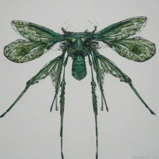 A full-body view of a vibrant, emerald green, grunge-style insect, with intricate details and textures, set against a plain white background, in a wide shot, with its legs and wings fully visible, and a mix of bright and muted colors to give it a stylized, edgy look, on a plain white background, even lighting 
