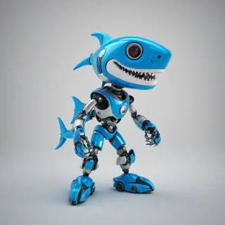3d cartoon blue, shark robot, on a plain white background, even lighting
