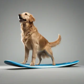 A golden retriever dog standing on a blue surfboard, with a wide-angle view, on a plain white background, in a digital art style, with dynamic shadows and a hard rim light, full-body view of the dog, on a plain white background, even lighting 