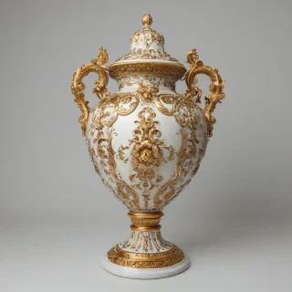 A highly ornate, Baroque style urn vase, with intricate golden details and floral patterns, on a plain white background, in a wide shot with the entire vase visible, including the base and the lid, with a warm, soft lighting and a slight sense of depth, in the style of 17th century European decorative arts, on a plain white background, even lighting 