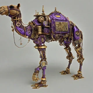 A neon purple, intricately detailed steampunk-inspired camel, with brass gears, copper pipes, and vintage clockwork mechanisms, in a full-body view, with its entire body visible, set against a plain white background, with a wide-angle shot, and dynamic shadows, in a digital art style with a mix of realistic and fantastical elements, with even lighting., on a plain white background, even lighting