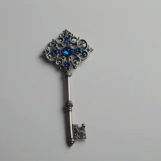 A highly detailed, blue, ornate key in a full-body view, with intricate Rococo designs, set against a plain white background, with soft, warm lighting and a slight sheen to the metal, in the style of 18th century French craftsmanship, on a plain white background, even lighting 