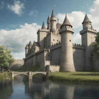 A medieval castle with stone walls and towers, surrounded by a moat, on a plain white background, in a wide shot with the entire castle visible, with a blue sky and fluffy white clouds, in the style of a digital painting, on a plain white background, even lighting
