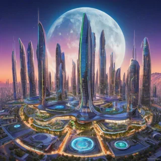 A futuristic, high-tech, and eco-friendly Lunarpunk cityscape with sleek, curved lines and a blend of natural and synthetic elements, set against a backdrop of a bright, full moon, with a wide-angle shot and a plain white background, in the style of a digital illustration with vibrant, neon colors and dynamic shadows