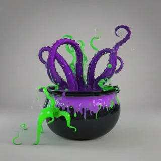 A 3D cartoon style image of a large, black cauldron with purple octopus tentacles, green goo bubbling out of the top of the cauldron, cauldron, green goo, and tentacles visible against a plain white background, with vibrant, exaggerated colors, on a plain white background, even lighting