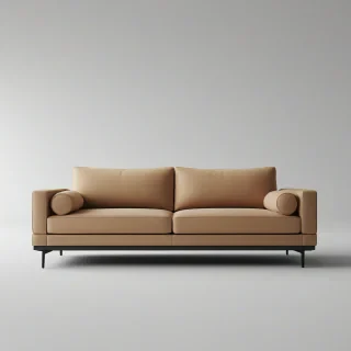 A sleek, tan, contemporary sofa with clean lines and minimal cushions, set against a plain white background, in a wide shot with the entire piece of furniture visible, including the legs and floor, with a neutral lighting and no shadows, in a digital art style with subtle texture and depth, on a plain white background, even lighting