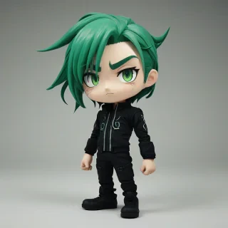 A Chibi anime man with green hair, wearing a sleek black outfit, set against a plain white background, in a noir-inspired style with dramatic shadows and highlights, with a focus on intricate details and textures, in a wide shot with his feet visible, in a small, childlike form, on a plain white background, even lighting