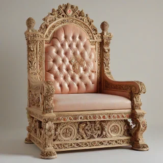 A intricately carved, ornate Victorian-style throne, with a large salmon resting on the seat, on a plain white background, in a wide shot, with soft, warm lighting and a slight golden glow, in the style of a classic oil painting, with vibrant colors and detailed textures, full-body view of the throne and salmon, with the throne's intricate carvings and the salmon's scales clearly visible