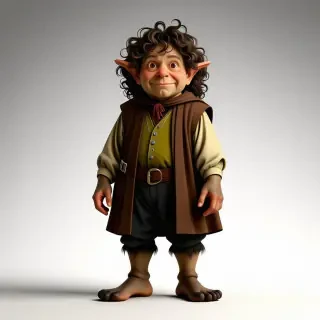 Bilbo Baggins, a hobbit: a small creature of around three feet with curly brown hair and large, hairy feet