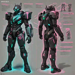 Comic book page with a grungy mecha fighter suit, slightly silhouetted, add a slight anime style, with soft neon lighting, illuminating the suit with a pink and green hue, add digital diagrams pointing to certain parts of the suit, with a blue outline diagram of the robotic part