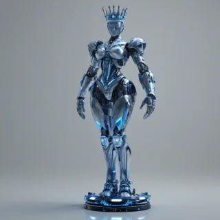 A highly detailed, full-body view of a mech queen chess piece, with a futuristic metallic body, glowing blue circuits, and a regal crown on its head, standing on a plain white background, in a wide shot, with its feet visible, in a digital art style with dynamic shadows and a hard rim light, on a plain white background, even lighting