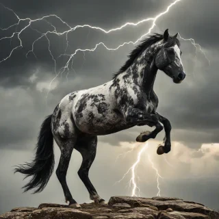 A black and white horse rearing up on a cliff, with its two front hoofs in the air, while standing on its two hind legs, wide shot, full-body view, with a dramatic lightning storm in the background, warm golden lighting, on a plain white background, digital art style, high contrast, detailed textures