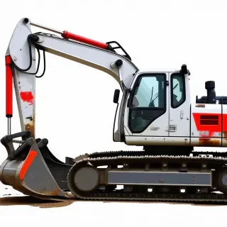A large, white, grunge-style excavator with a full-body view, wide shot, and feet visible, on a plain white background, with a focus on dynamic shadows and a hard rim light, in a digital art style with bold lines and vibrant colors