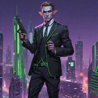 Neon Sam Guay style art of an elf man standing upright with one eyebrow raised and a neutral expression, wearing a sleek black suit with green, white, and purple neon accents on the lapels, holding a pistol in his right hand, on a plain white background, with a cyberpunk cityscape visible behind him. The city features towering skyscrapers, holographic advertisements, and neon lights. The suit is fitted to his physique.