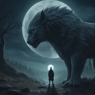 Digital art environmental scene at night, person and gentle moon spirit beast staring down