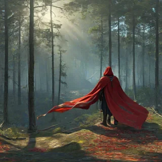 digital art of a lone warrior with a long, flowing, and tattered red cape that is blown by the wind, the lone warrior is looking down at a forest, where there is a high tech facility sitting among the trees, sunrise