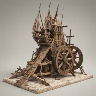 A medieval siege weapon, such as a catapult or trebuchet, in a beige and brown color scheme, with intricate details and textures, set against a plain white background, in a concept art style with bold lines and vibrant colors, full-body view, wide shot, with the entire siege weapon visible, including the base and throwing arm, with a sense of depth and dimensionality, on a plain white background, even lighting