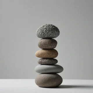 statue made from rounded river rocks, on a plain white background, even lighting