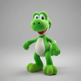 A 3D animation model of Yoshi from Super Mario Bros., full-body view, with a bright green and white skin, large eyes, and a big smile, standing on a plain white background, with a wide-angle shot, and a soft, cartoonish lighting, in the style of a Nintendo 3D game, on a plain white background, even lighting
