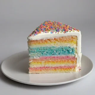 A full-body view of a slice of 3 layer rainbow sprinkle white cake with pink frosting, on a plain white background, with a wide shot and the plate visible, under soft natural light, in a digital art style with bold colors and a slight sheen to the frosting, on a plain white background, even lighting 