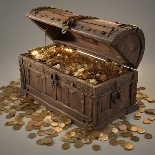 A large, old, wooden chest with a rusted lock and hinges, overflowing with gold coins, jewels, and other treasures, in a wide shot, full-body view, with a plain white background, and a warm, golden light shining down, highlighting the chest's intricate carvings and the glittering treasures, in the style of a fantasy, digital illustration, with a sense of depth and dimensionality, and a slight sense of mist and atmosphere, on a plain white background, even lighting 