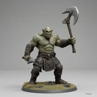 generate an image of an orc in battle holding an axe. it should be in the style of a resin 3d printed miniature figurine.  It should take of 3/4 of frame with no background, on a plain white background, even lighting