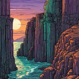 An oceanside cliff of basalt columns in a comic book style, using only the colors orange, purple, teal, and green, with the sky visible and a subtle gradient of colors to give a sense of depth.