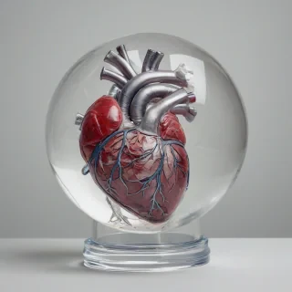 A anatomical human heart encased in a sphere of clear resin, on a plain white background, even lighting