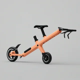 Minimalist peach-colored transportation device, full-body view, on a plain white background, on a plain white background, even lighting 