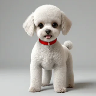 3d cartoon animation,  baby poodle puppy with red collar  vivid colors, large eyes, short body, round features, tiny nose, cute, happy expression on its face, only one in the shot, full body visible, on a plain white background, even lighting
