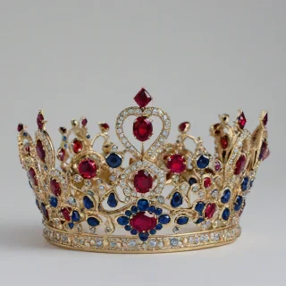 a short, bejeweled princess crown featuring rubies and sapphires on a plain white background with even lighting