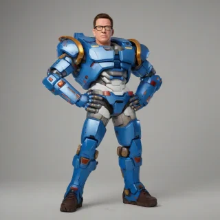 Mecha Hank Hill, on a plain white background, with even lighting, wearing blue leg armor and square rimmed eyeglasses