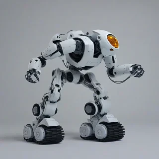 robot with treads, on a plain white background, even lighting
