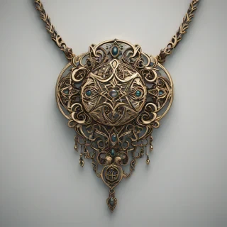 A detailed, dark fantasy-inspired bronze jewelry piece, such as a necklace or pendant, with intricate designs and patterns, set against a plain white background, in a wide shot with the entire piece visible, created in a digital art style with a focus on realism and high level of detail, with dramatic shadows and highlights, on a plain white background, even lighting