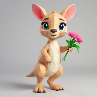 A cartoon low poly style baby kangaroo with a cute face, big eyes, and a fluffy fur texture, standing on its hind legs, with its front paws holding a small bouquet of flowers, set against a plain white background, in a wide shot with its feet visible, using vibrant and pastel colors, with a soft lighting effect and dynamic shadows, in the style of a digital illustration