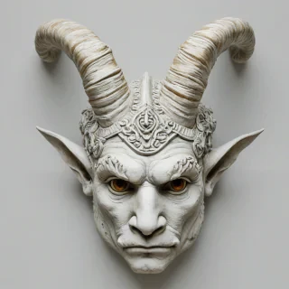 head of a horned guardian, on a plain white background, even lighting