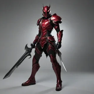 A full-body view of a piece of crimson armor, with a noir style aesthetic, in a wide-angle shot, with bright, dramatic lighting and dynamic shadows, on a plain white background, with intricate details and textures, and a sense of depth and dimensionality