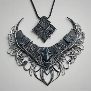 A futuristic, sci-fi inspired charcoal-colored jewelry piece, such as a necklace or pendant, with intricate details and a metallic sheen, on a plain white background, in a wide shot with the entire piece visible, created in a digital art style with bold lines and vibrant textures, on a plain white background, even lighting