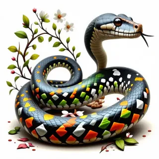 Colorful snake with patterns of white vines with flowers running down it's back