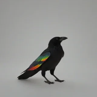 Crow with rainbow wings, on a plain white background, even lighting 