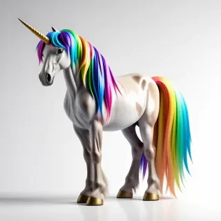 A beautiful, shimmering unicorn with a rainbow-colored mane and tail, standing in a full-body view on a plain white background, with a wide-angle shot and soft, natural lighting, in a whimsical, dreamy illustration style