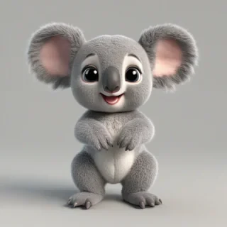 A cartoon style cute grey colored baby koala with a smile, in 3D animation style, full-body view, with bright and vibrant colors, standing on a plain white background, with a wide-angle shot, and dynamic lighting, featuring a small, rounded body, large eyes, and a tiny nose, with a happy and playful expression, on a plain white background, even lighting, on a plain white background, even lighting 