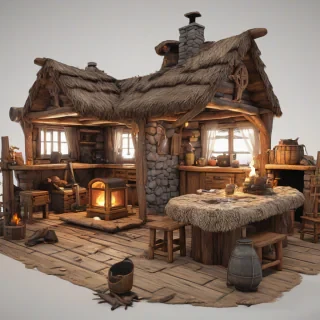 A majestic, isolated, floating island with 3D animation cartoon style of the inside of a hunter's cabin, with a warm and cozy atmosphere, featuring a fireplace, wooden furniture, and hunting gear, bright lighting, on a plain white background, even lighting