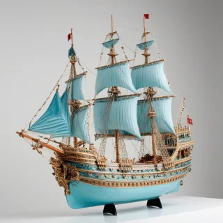 A majestic Aquamarine ship with intricate Renaissance-inspired details, set against a plain white background, in a wide shot with the entire ship visible, including the hull and sails, with soft, warm lighting and a sense of dynamic movement, as if it's sailing through calm waters, with a focus on the ship's grandeur and elegance, on a plain white background, even lighting