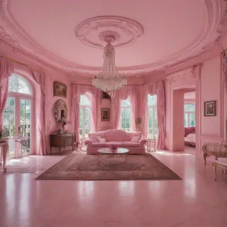 the inside of a pink mansion