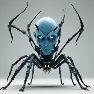 A detailed, full-body view of a biomechanical spider with the face of Megamind, a blue-skinned, bald-headed supervillain with a big chin, on its body, set against a plain white background, with a wide-angle shot, in a digital art style with a mix of metallic and organic textures, on a plain white background, even lighting